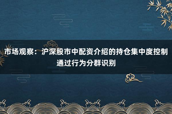 市场观察：沪深股市中配资介绍的持仓集中度控制通过行为分群识别